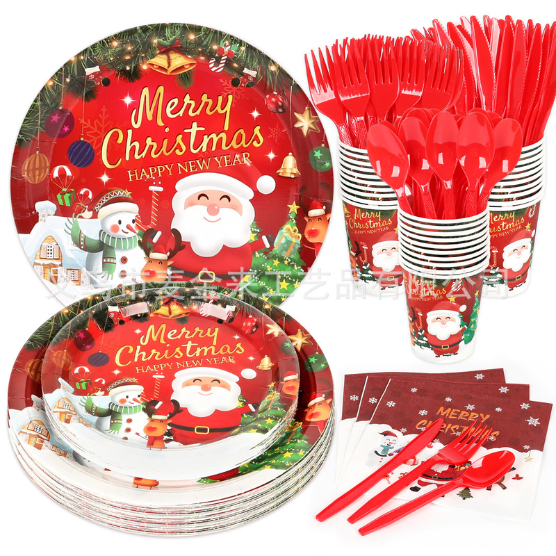 Cross-Border New Christmas Tableware Set Santa Claus Elk Disposable Paper Plate Paper Towel Dinner Plate Decoration Supplies