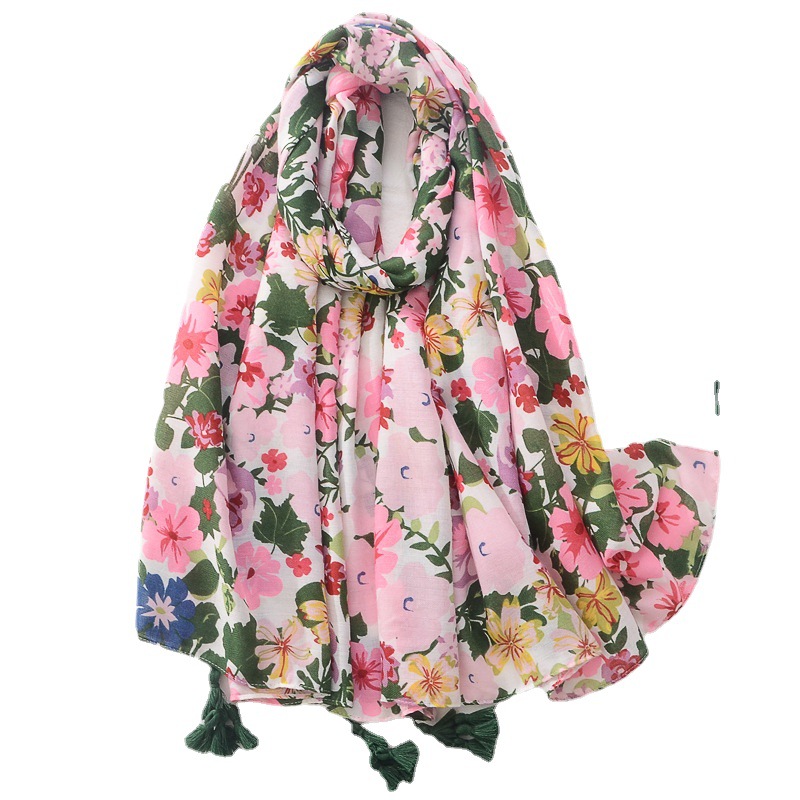 Primavera y verano transfronterizo bufanda de seda fina hojas de colores floral impreso trenza borla de algodón y lino sensación bufanda