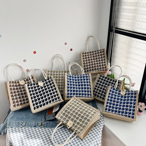 Fashionable linen women's bag, autumn new handbag, plaid button simple lunch bag, linen small bag for women