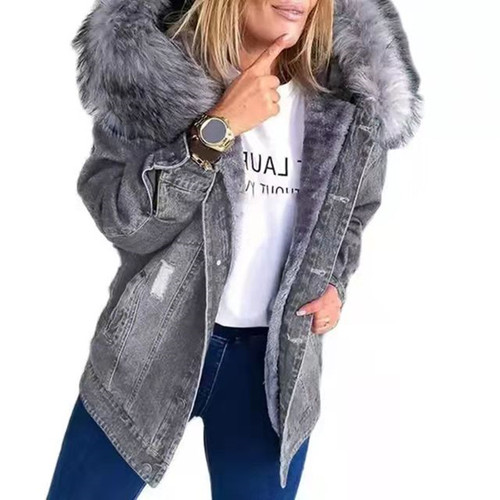 Ripped Women's Top 2024 Winter Denim Clothing Cross-Border Thickened Denim Jacket Fleece-Lined European and American Style Thickened Warm-Keeping
