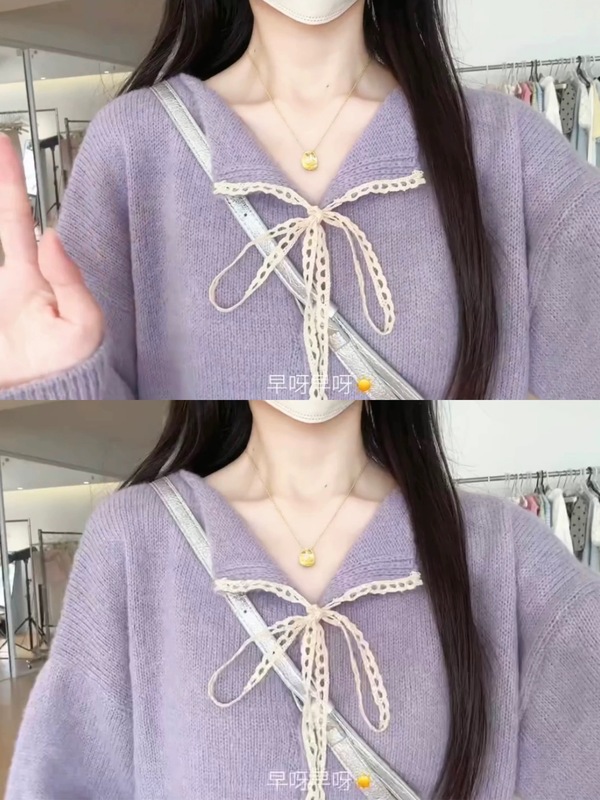 韩系甜美风软糯蝴蝶结蕾丝系带领毛衣开衫女秋冬款高级感软糯小衫|undefined