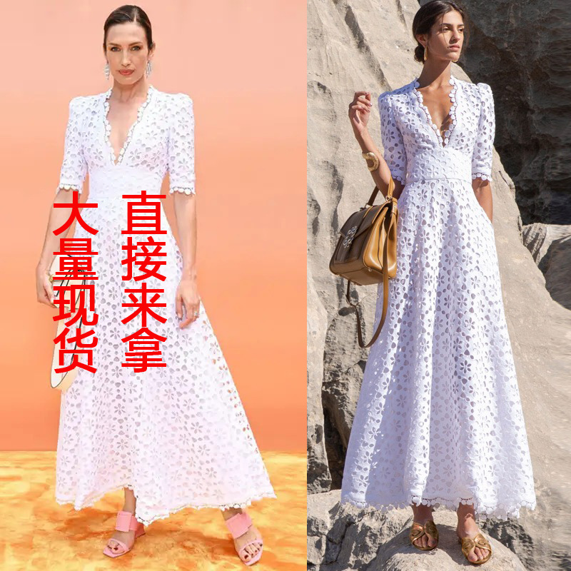 2025新款跨境外贸V领拼接花边白色蕾丝连衣裙长裙大摆礼服长裙女
