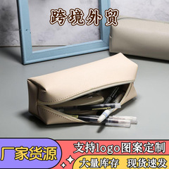跨境简约皮革立体八角笔袋大容量防水便携ins皮质文具拉链收纳包