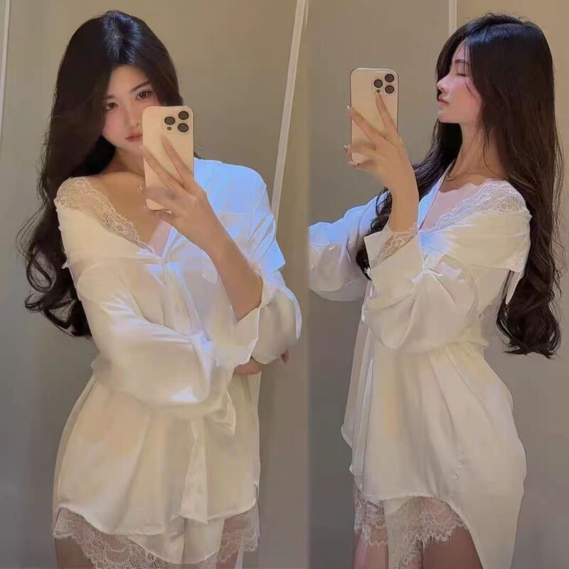 Yase [Milk White Girl] Sexy Lace Shirt New Ice Silk Long Sleeve Boyfriend Pajamas Home Clothes Thin Suit
