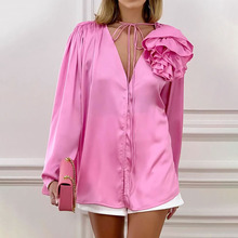2023春季欧美设计感可拆卸粉色领花衬衫女中长款小众长袖衬衣叠穿