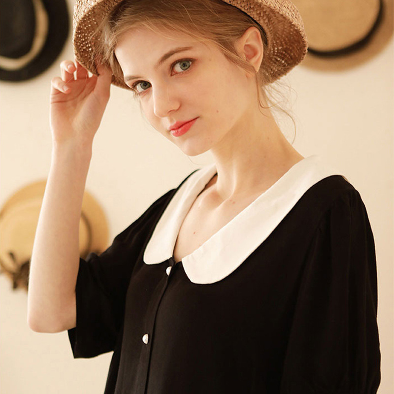 Rayon Satin Women's Black Chanel-Style Doll Collar Puff Sleeve Pajama Set Short-Sleeved Shorts Loungewear Can Be Worn Outside