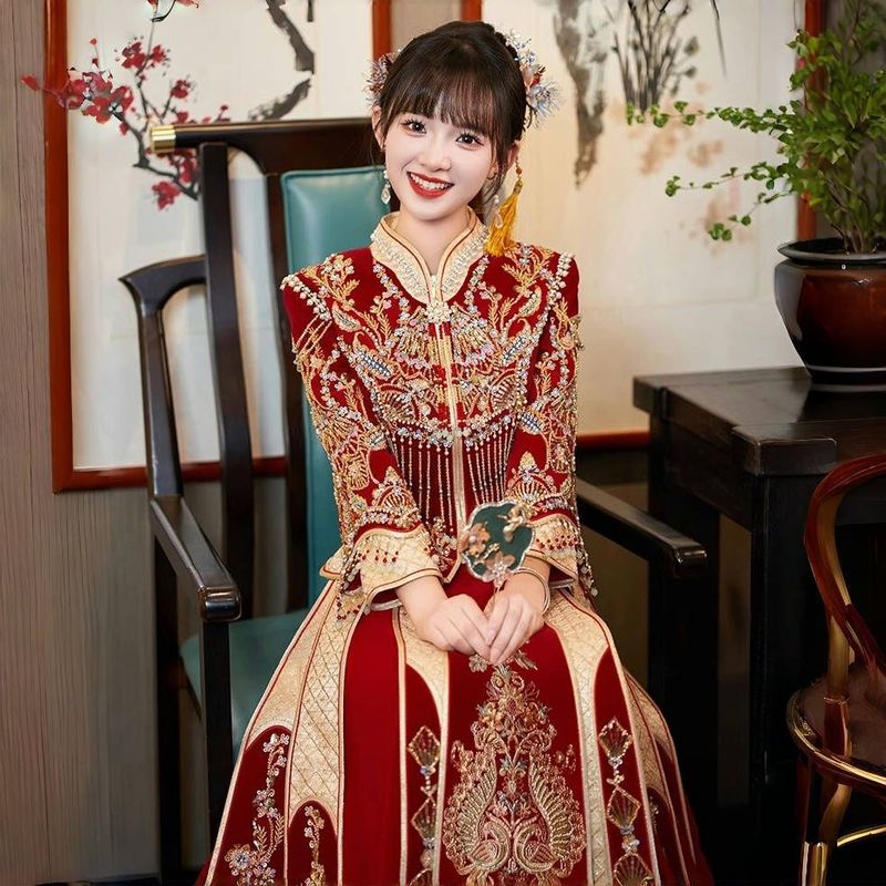 Xiuhefu 2025 新しい中国風の花嫁のウェディングドレス乾杯ドレスウェディングドレス重工業のウェディングドレス女性の春|undefined