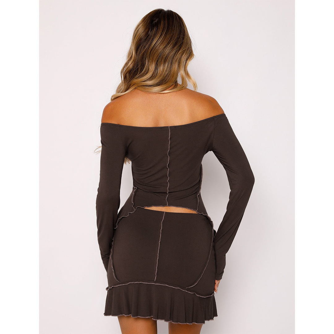 Women Clothing Sexy Solid Color Reverse Design Off Neck Skirt Set