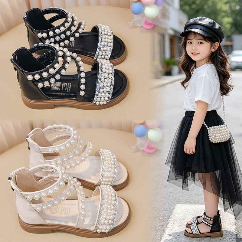 Zapatos casuales de moda para niñas versátiles 2026 verano nuevos niños huecos zapatos princesa zapatos de diamante de perla