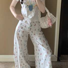 美式复古设计感小动物与蝴蝶结印花阔腿裤女夏季新款垂感休闲长裤