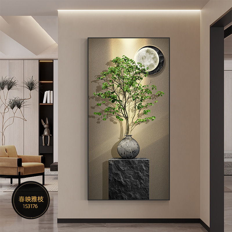 軽豪華入戸玄関装飾画感玄幻客間廊下背景壁壁画新中国式緑植通路掛け画|undefined