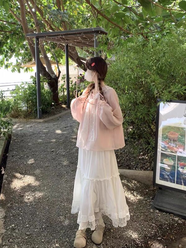 Pink Chiffon Shirt Women's Top Lace Summer Thin Navy Collar Lace-Up Shirt Long-Sleeved Lantern Sleeve Shirt Pink Chiffon Shirt Women's Top Lace Summer Thin Navy Collar Lace-Up Shirt Long-Sleeved Lantern Sleeve Shirt