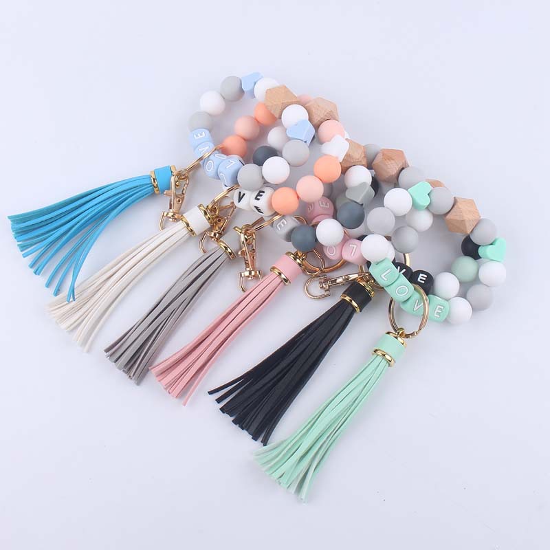 Nuevo cuero creativo pu borla colgante DIY nombre silicona cuentas colgante pulsera llavero Accesorios