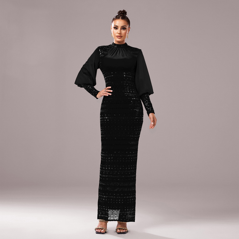 Cross-border European and American New High-grade Long-sleeved Round Neck Banquet Sequin Sheath Split Evening Dress Bridesmaid Dress dress Women