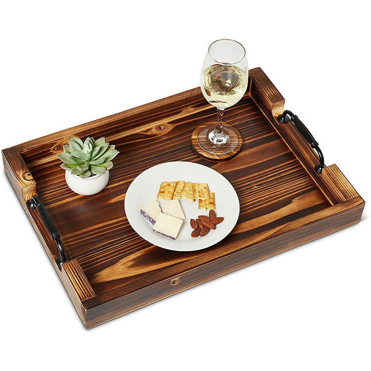 木质托盘咖啡桌收纳盒农舍装饰含4个杯垫木制茶盘带把手