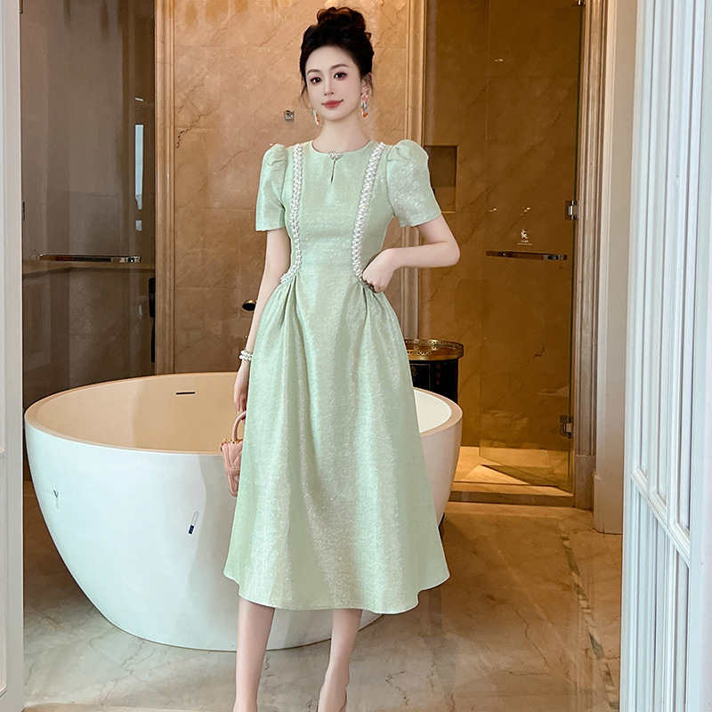 Đầm maxi nữ cổ tròn đính đá thắt eo xòe dáng dài — Xanh bạc hà