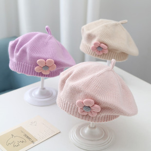 Baby Hat Autumn and Winter Women's Baby Cute Flower Beret Children's Wool Hat Girls' Knitted Painter Hat Trendy