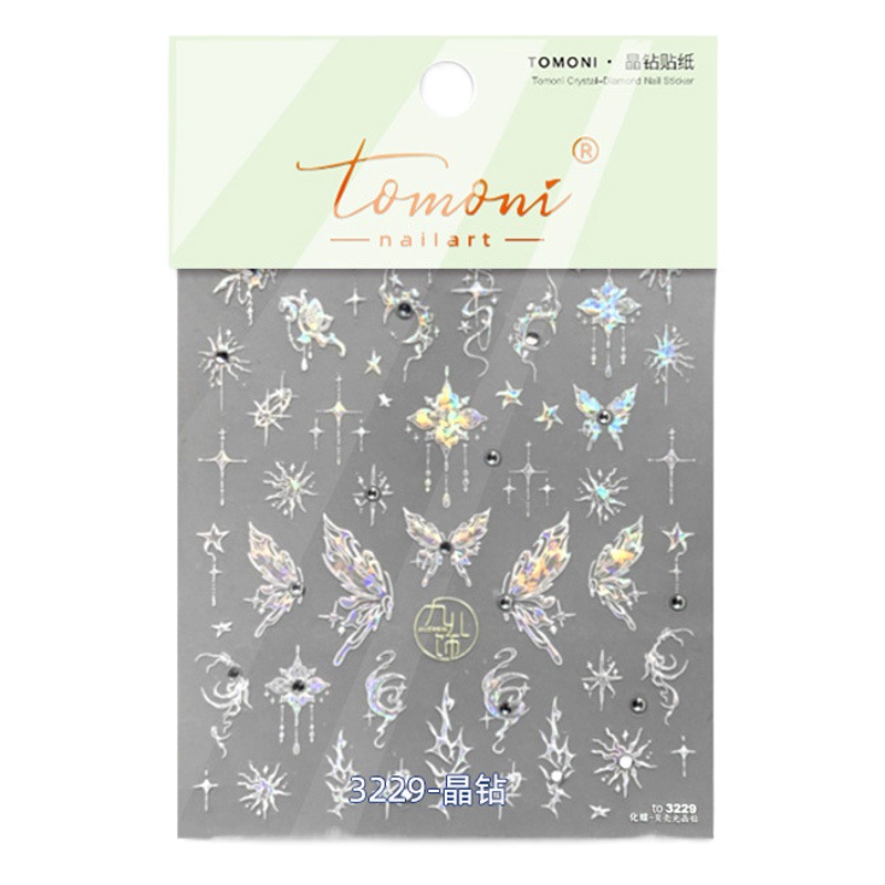 Tomoni pegatinas de manicura de diamantes de cristal, serpentina de moda, mariposa semitransparente, pegatinas para uñas de boda, concha de fábrica, mariposa fotodinámica