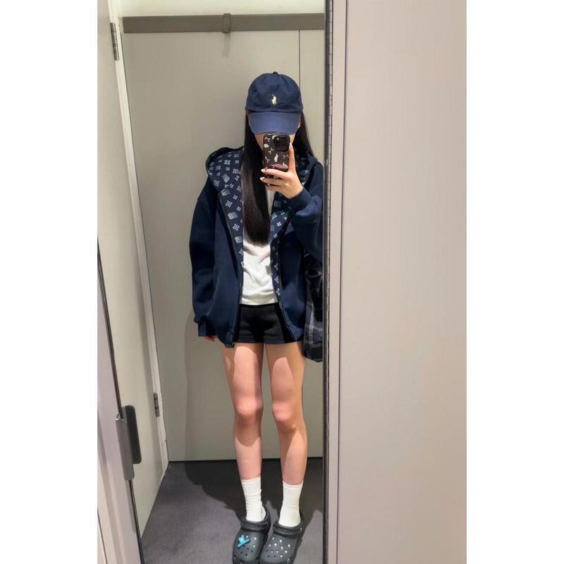 休闲学院慵懒风春秋新款男女松弛感卫衣刺绣连帽开衫短外套|undefined