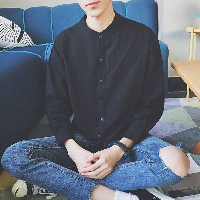 Northern China Wolf Summer and Autumn Linen Stand-Collar Shirt for Men, Long-Sleeve, Thin, Korean Style, Slim Fit, Trendy, Casual, Student Shirt Northern China Wolf Summer and Autumn Linen Stand-Collar Shirt for Men, Long-Sleeve, Thin, Korean Style, Slim Fit, Trendy, Casual, Student Shirt