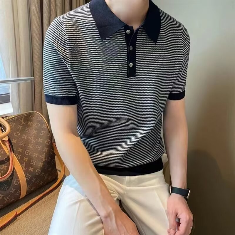 Verano hombre camiseta de punto de manga corta polo camiseta de collar rayas camiseta de comercio exterior al por mayor transfronterizo casual versátil