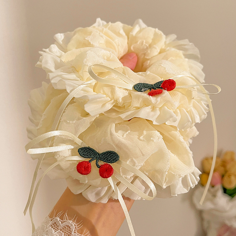 Sweet Embroidered Cherry Scrunchie, Lace Tie For Women, High-end Hair Accessory, Lazy Style, Stunning Headpiece_voghion.com