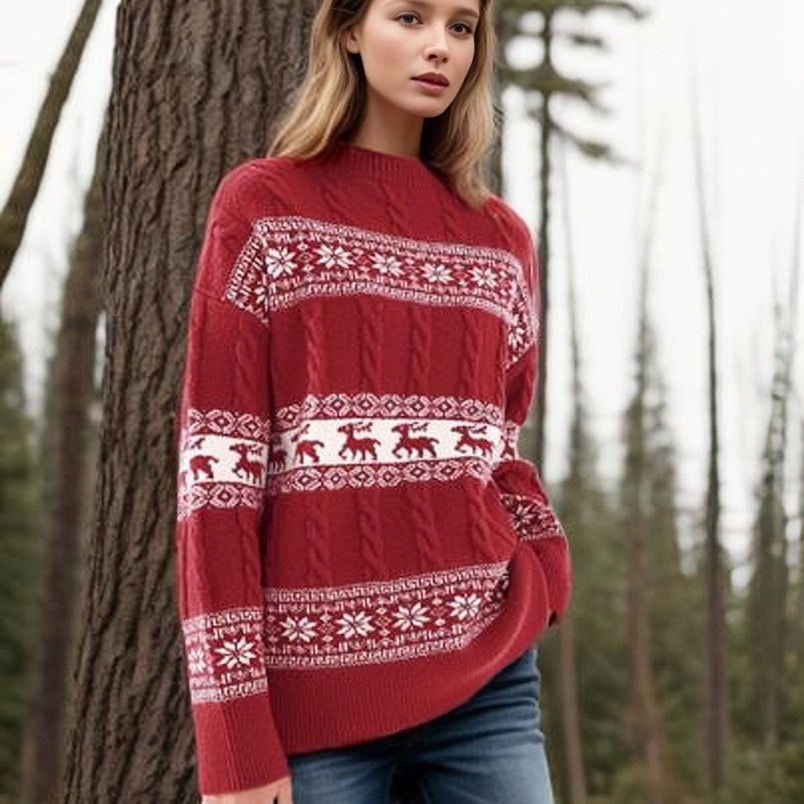 2024欧美外贸女装提花复古撞色红色毛衣宽松圆领圣诞新年针织衫