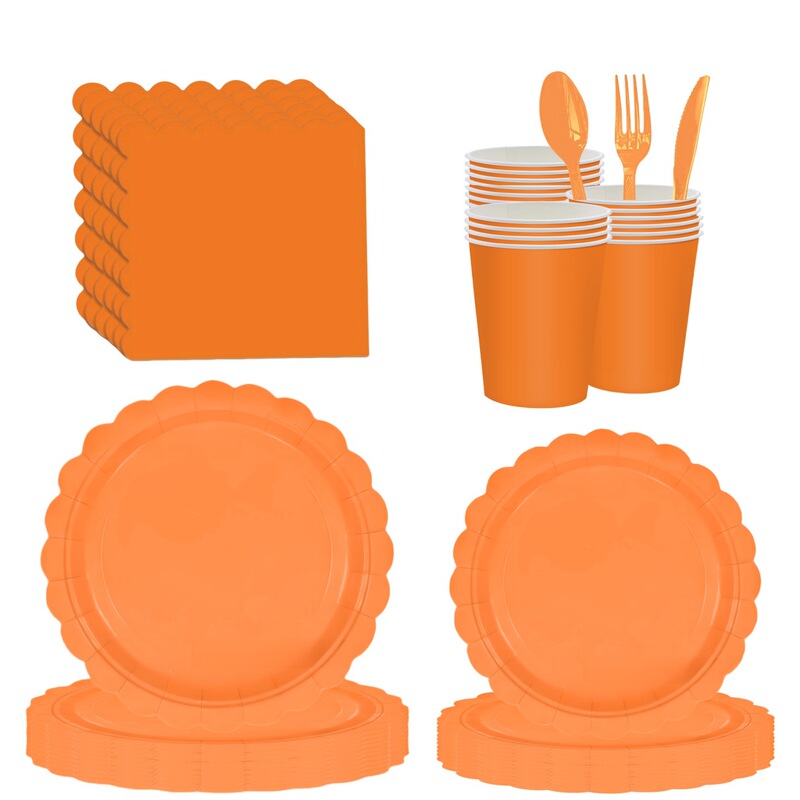 Orange Lace Party Tableware Set Kidsren's Birthday Pure Color Decoration Disposable Paper Cups Paper Plates Paper Towel Supplies