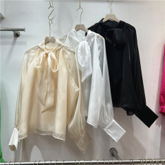 女性用フレンチシャツ、ニッチな春夏のリボン付きボウシャツ、女性用ストリーマーオーガンジーランタンスリーブトップ