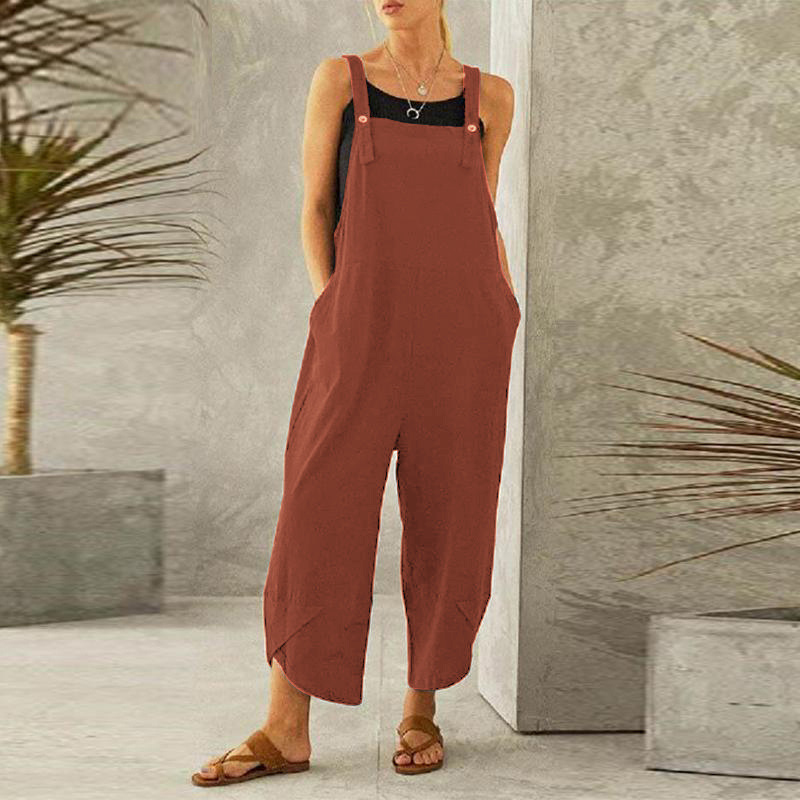 Women Loose Wide Leg Overalls Summer Adjustable Solid Color Cotton Linen Baggy Full Trousers Female Jumpsuits Oversized_voghion.com