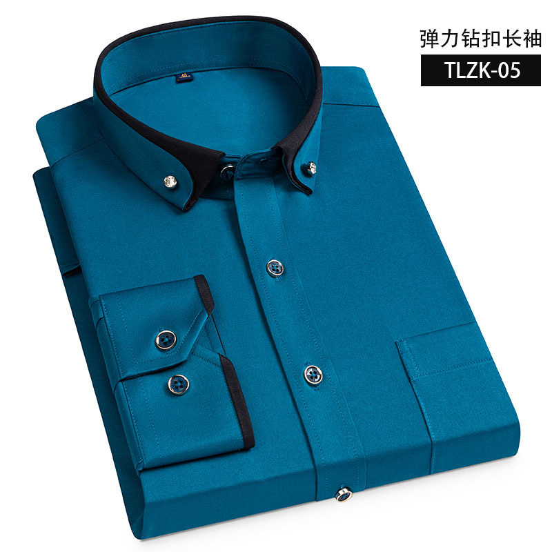 Camisa elástica de manga larga antiarrugas hebilla de diamante contraste color collar hombres de negocios casual Four Seasons camisa de bolsillo para hombre