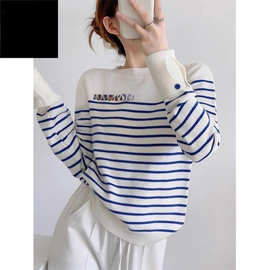 T9O蓝色条纹卡通印花毛衣针织衫2025春季新款女