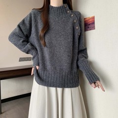 日韩跨境秋冬新款简约韩版半高领针织毛衣女大码百搭休闲上衣外套