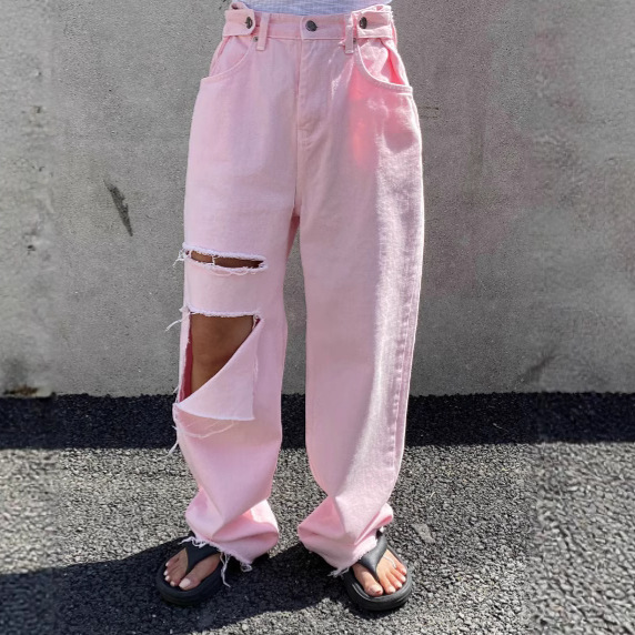 Fashionable Design Single-Leg Ripped Jeans for Women, Adjustable High-Waisted Slimming Look Versatile Straight-Leg Raw Edge Pants in 3 Colors