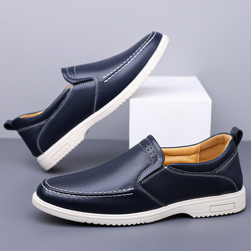 Giày lười nam cỡ lớn may thủ công, giày da casual xỏ chân, đế bằng, mũi dẹt — Màu xanh dương, màu đen