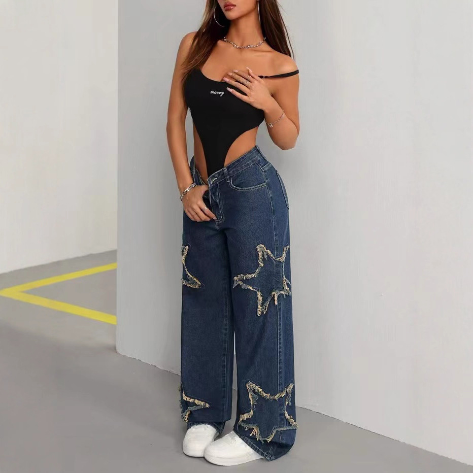 Jeans Rectos para Mujer de Algodón y Poliéster, Cintura Alta, Borde Deshilachado, para Uso Casual