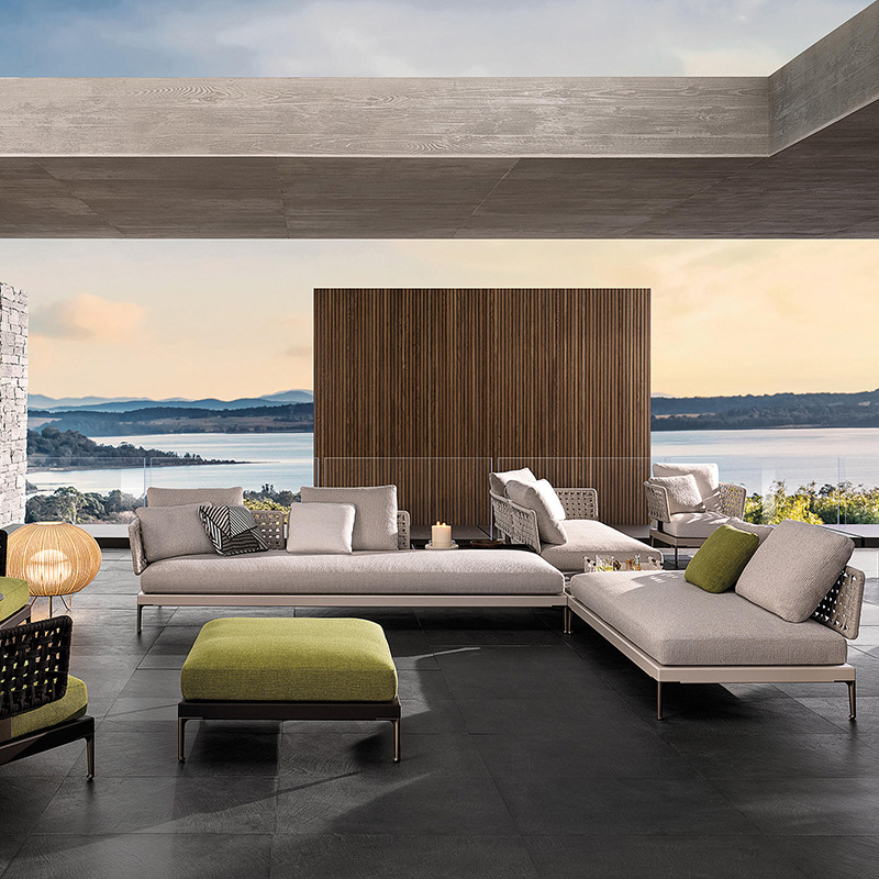 Combinación de sofá de ratán al aire libre Villa nórdica Patio Ocio Muebles de madera maciza Balcón Combinación de cuerda trenzada impermeable y solar