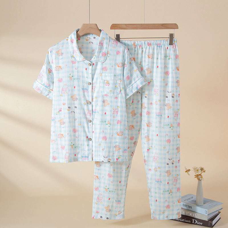 블루 체크 무늬 곰 반팔 바지