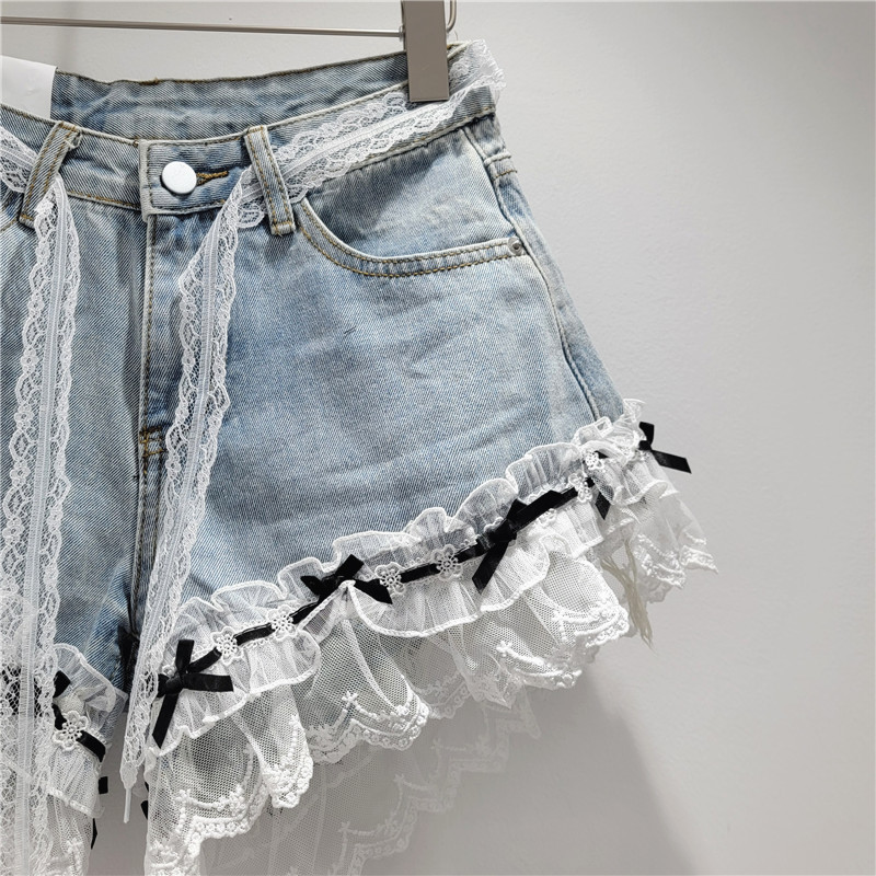 Pantalones Cortos de Mezclilla con Encaje de Mezclilla, Tiro Alto y Detalle de Encaje, para Verano image 4