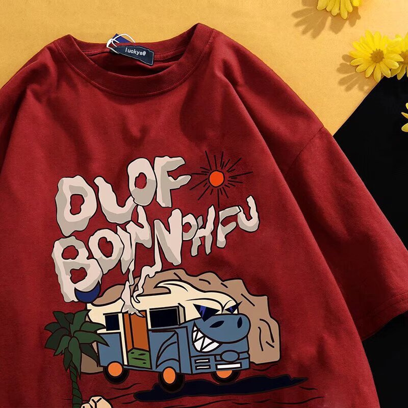 Same Style American Style Retro Ins Trendy Brand Cartoon Short-sleeved T-shirt for Boys Summer Loose Hip-hop High-street Couple's Half-sleeved