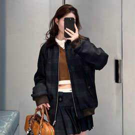 2025新款高品原标MIU缪家网红款翻领撞色格纹斜纹夹克外套男女
