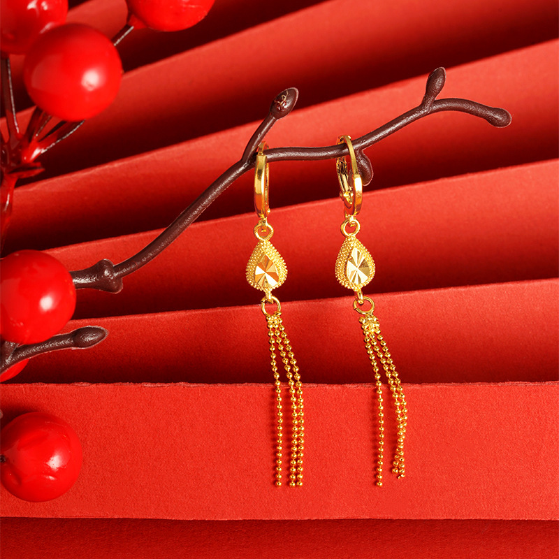 Fashionable Vietnamese Sand Gold Earrings for Women, Long-Lasting Brass Bow Tassel Earrings, Cross-Border Popular Accessories Wholesale