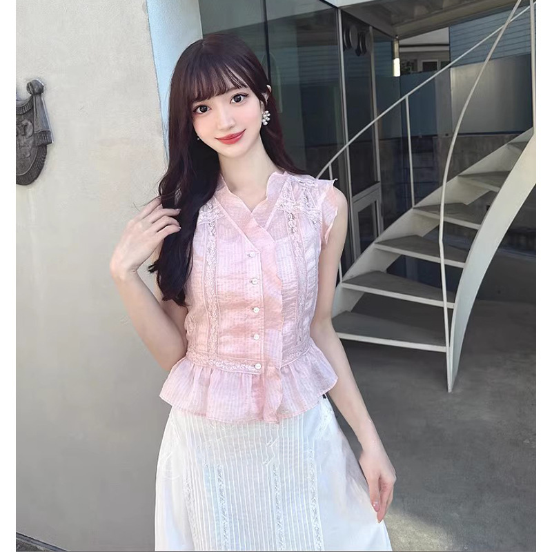 [Hui Lin] 2025 Early Spring Japanese Cross-border Ruffled Lace V-neck Shirt Ruffled Top Women 25A078