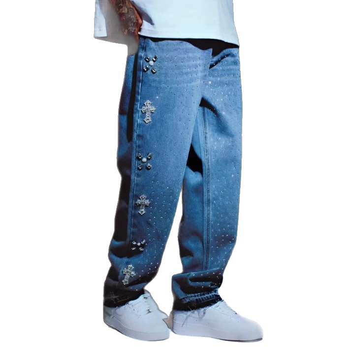 2025 Europa y América comercio exterior transfronterizo diseño de alta calle estilo casual relajado rectas pantalones jeans de diamante para hombre