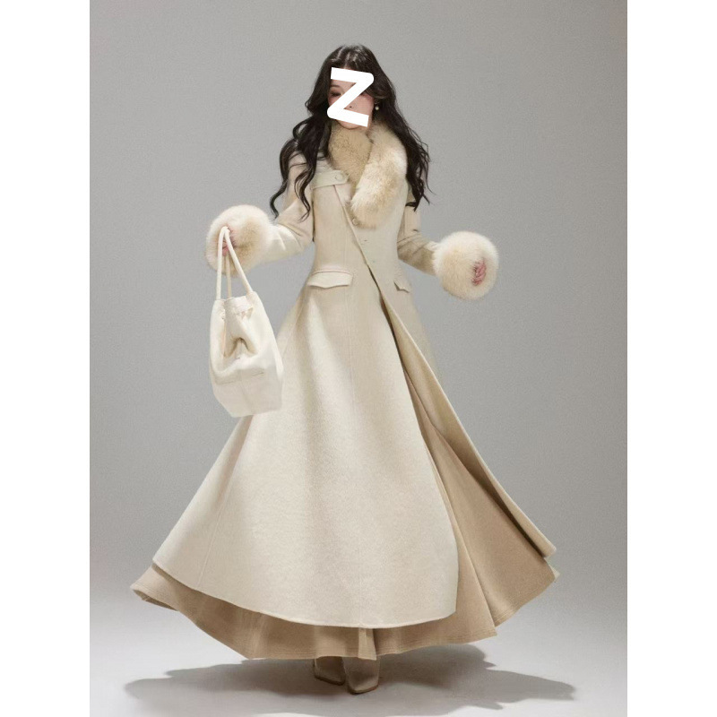2025 New Winter Style Fox Fur Large Fur Collar Gentle Elegant Daughter Long Waist Wool Coat