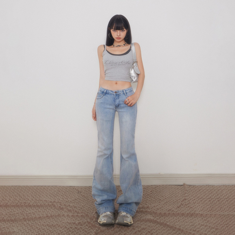 American Retro Hot Girl Low-Waist Elastic Bootcut Jeans for Women Summer New Slim Fit Versatile Bell-Bottom Pants for Women