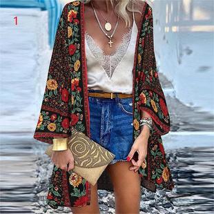 Women's Clothing 2025 European and American Cross-Border Trend New Casual Fashion Vacation Bat Long-Sleeved Cardigan Printed Top