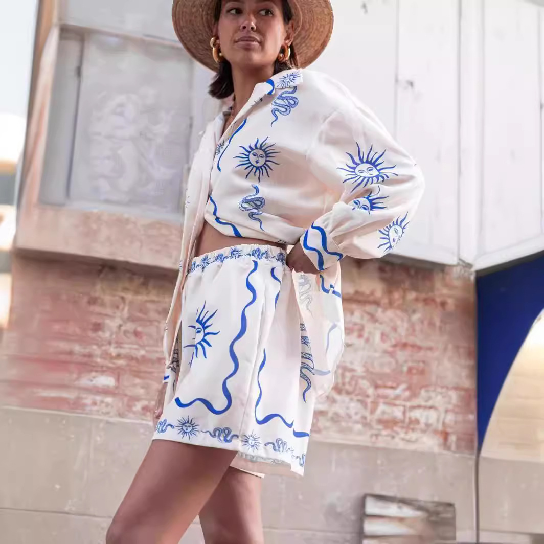 Holiday Occasion Turndown Neckline Holiday Women's Casual Sun Snake Linen Polyester Printing Pant Co-ord Set Shorts Sets