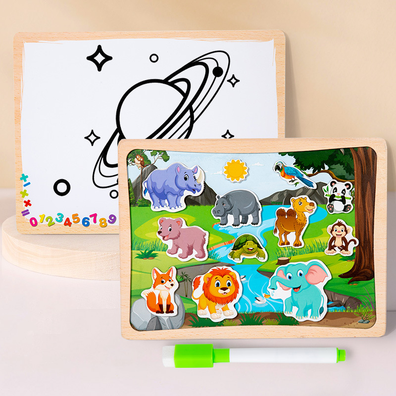 Tablero de graffiti cognitivo magnético de madera de doble cara rompecabezas números letras dinosaurios tráfico animal rompecabezas tridimensional de 3 a 6 años