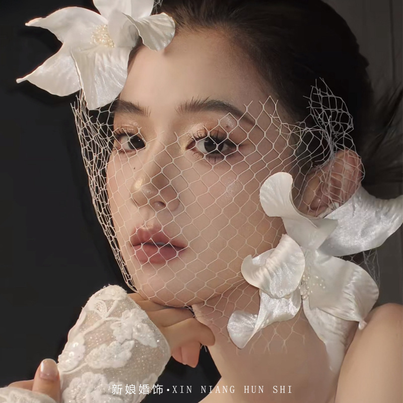 新しいフランス風レトロな立体的な花柄のネットベールヘアアクセサリー、妖精のような外景撮影用、手作りの花嫁用ヘアアクセサリー|undefined